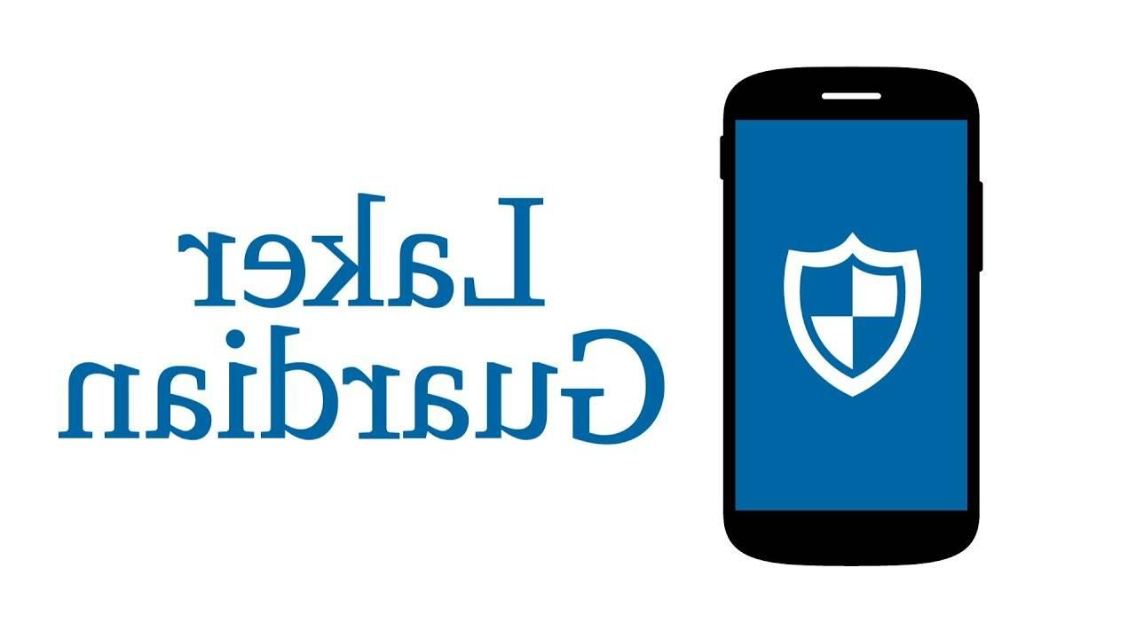 Clipart of a smartphone with blue screen and a picture of a shield on the phone. 手机旁边是“湖人守护者”的字样